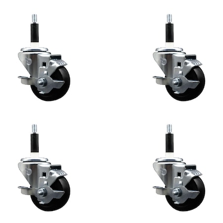 Service Caster 3'' SS Hard Rubber Swivel 7/8'' Expanding Stem Caster Set with Brake, 4PK SCC-SSEX20S314-HRS-TLB-78-4